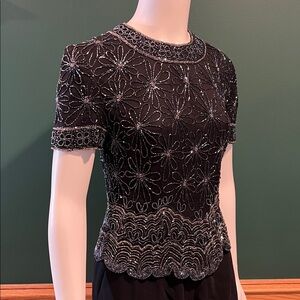 Vintage Papéll Boutique Evening Elegant Black and Silver 100% Silk Beaded Blouse